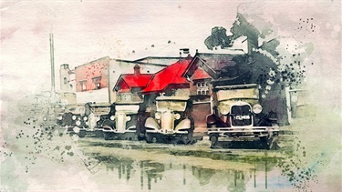 Watercoloured Cars by Caroline Ellis - Image: Line up of Council Vehicles and road plant, Archer St, Chatswood, 1934.